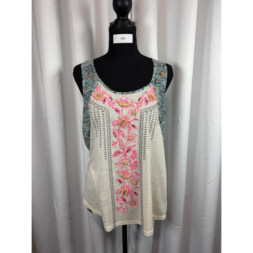 Miss Me Mixed Media Floral Embroidered Beaded Tank Top Cream Blue MDT199 Medium